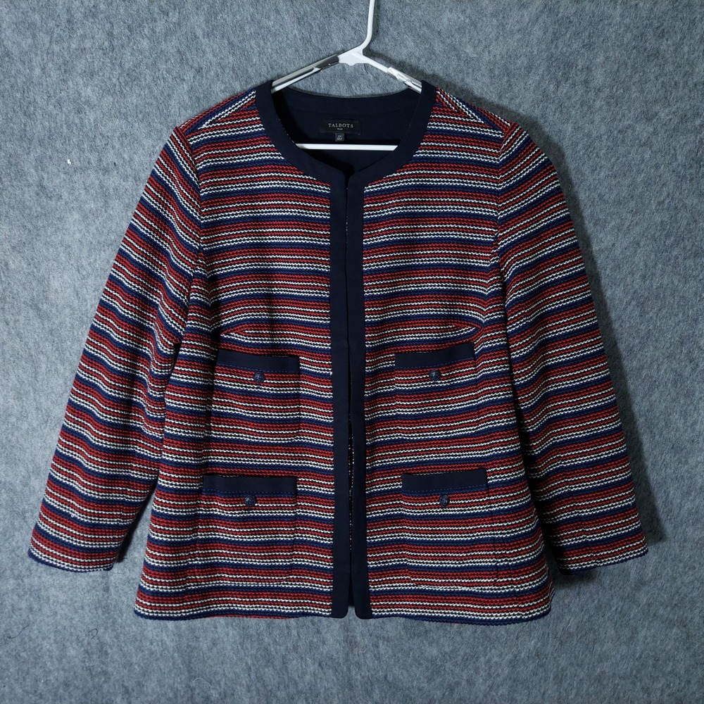 Talbots Women Jacket 2X Blue Striped Hook Eye Anchor Old Money Polished Nautical